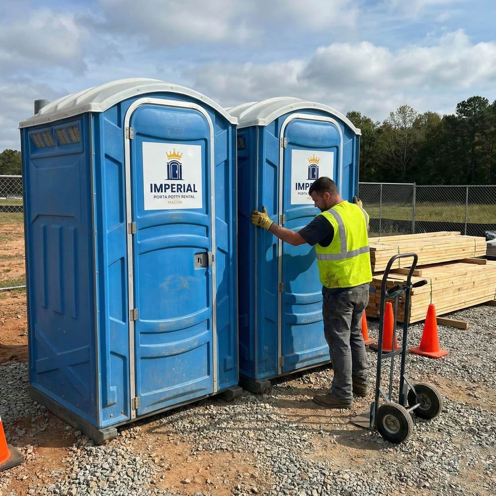 Imperial Porta Potty Rental Macon worker servicing portable restrooms at a construction site